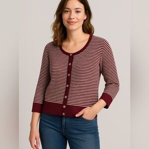 St.John Sport Women’s Cardigan Sweater Burgundy Cream Striped 3/4 Sleeve